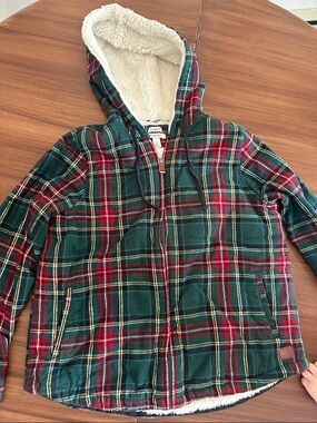 LL Bean Shirt Women’s Medium Scotch Plaid Flannel Relaxed Fit Zip Hoodie Shirt